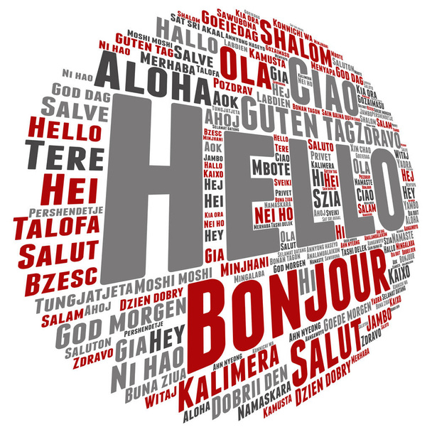 Εννοιολογική αφηρημένη γειά σου ή χαιρετισμό σύννεφο διεθνή λέξεων σε διάφορες γλώσσες - Διάνυσμα, εικόνα