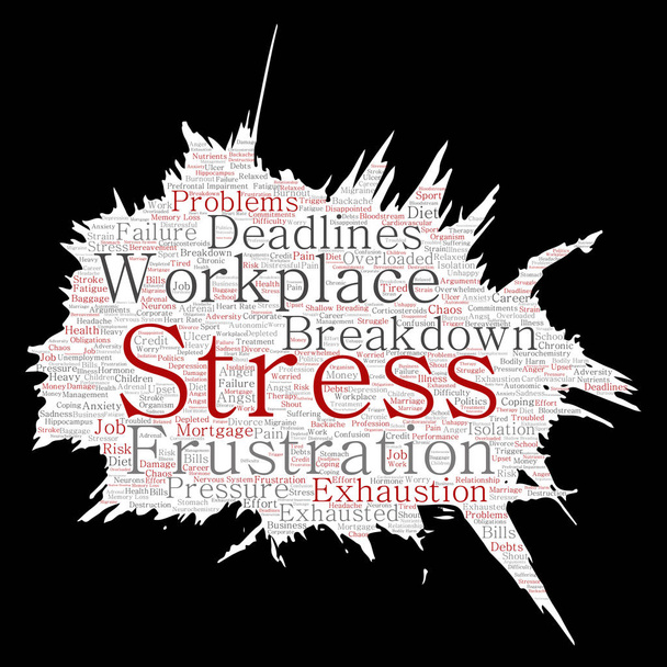 Vector conceptual mental stress at workplace or job pressure paint brush or paper word cloud isolated background. Collage of health, work, depression problem, exhaustion, breakdown, deadlines risk - Vector, Image