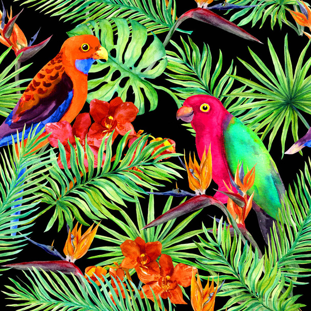Tropical leaves, parrot birds, exotic flowers. Seamless jungle pattern on black background. Watercolor - Valokuva, kuva