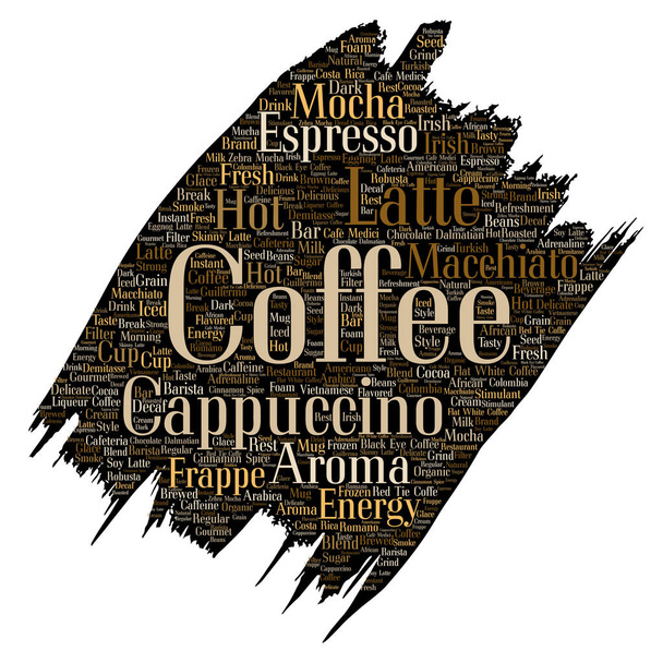Vektor konzeptionelle kreative heiße italienische Kaffeepause am Morgen, Cappuccino oder Espresso Restaurant oder Cafeteria Pinsel oder Papiergetränk Wortwolke isoliert. ein Spritzer Energy oder Geschmacksgetränk Konzepttext - Vektor, Bild