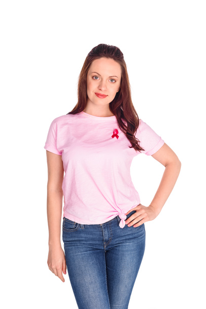 fiatal nő, rózsaszín szalag - Fotó, kép