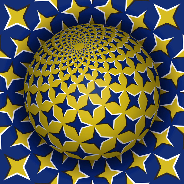 Optikai csalódás vektoros illusztráció. Csillagos gömb soaring fölött a felület. Kék-sárga mintás objektumok. Absztrakt háttér szürreális stílusban. - Vektor, kép