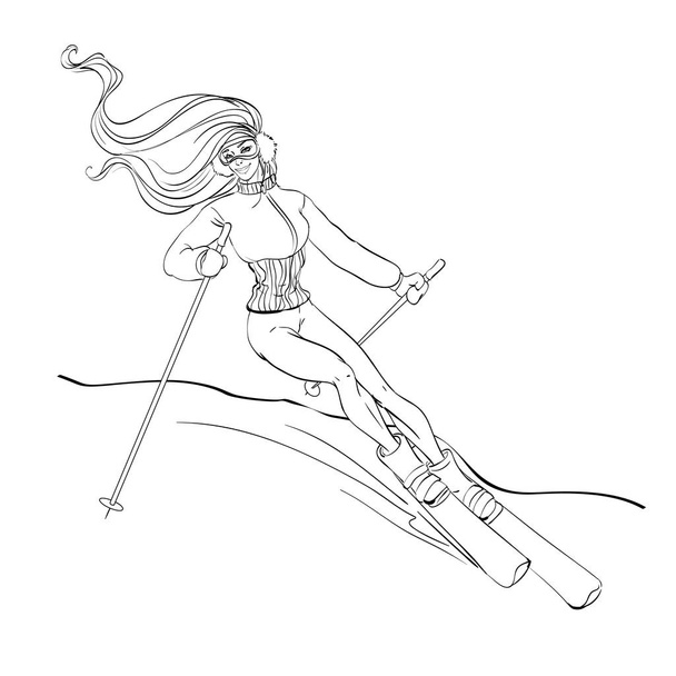 Спускается спортсменка-лыжница, катается по снежному склону горы на лыжах. Олимпийский спорт. Зимний отдых в холодное время года, рождественские праздники, новогодние каникулы, черные линии, изолированный вектор
 - Вектор,изображение