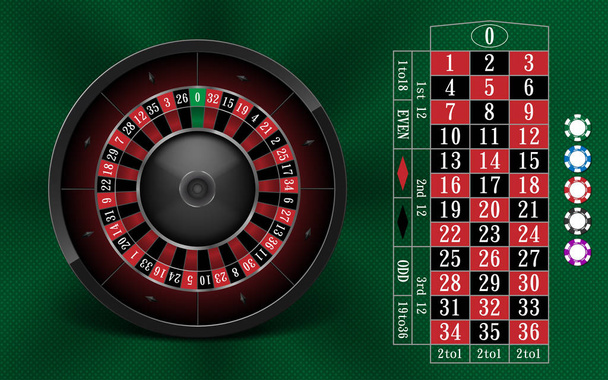 Casino Gambling background design with realistic Roulette Wheel and Casino Chips. Roulette table isolated on green background. Vector illustration. - Vector, Image