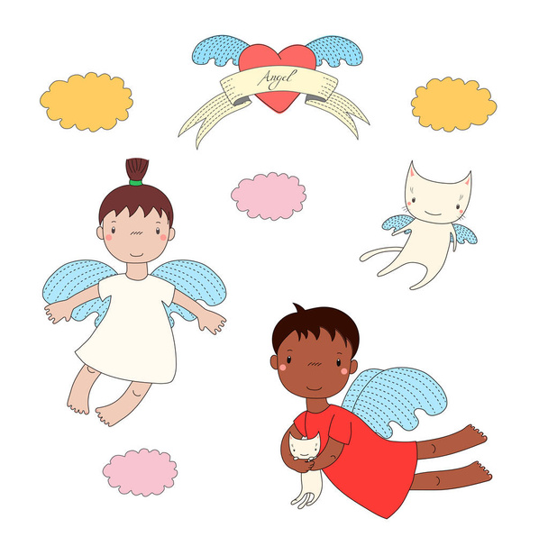 Cute angels and cat illustration - Vector, Image