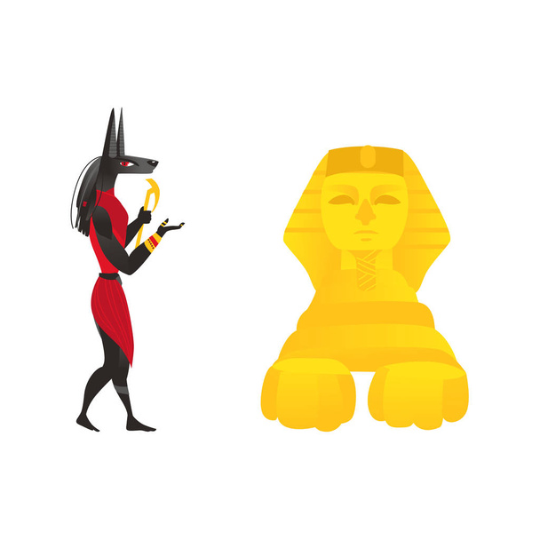 Anubis, ancient Egypt god, and Egyptian sphinx - Vector, Image