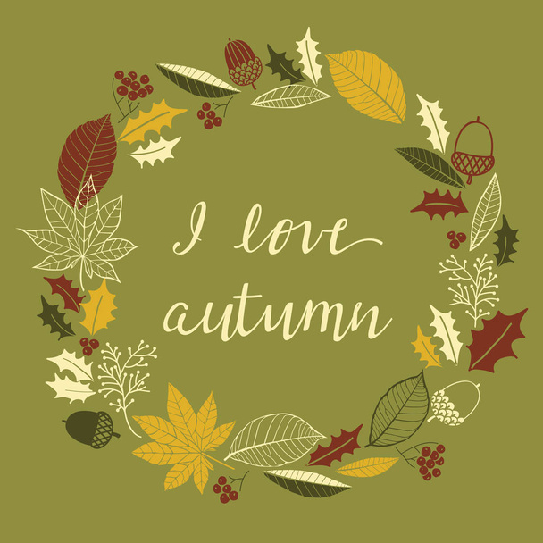 Autumn card with wreath of leaves, cones, acorns. - Vektör, Görsel