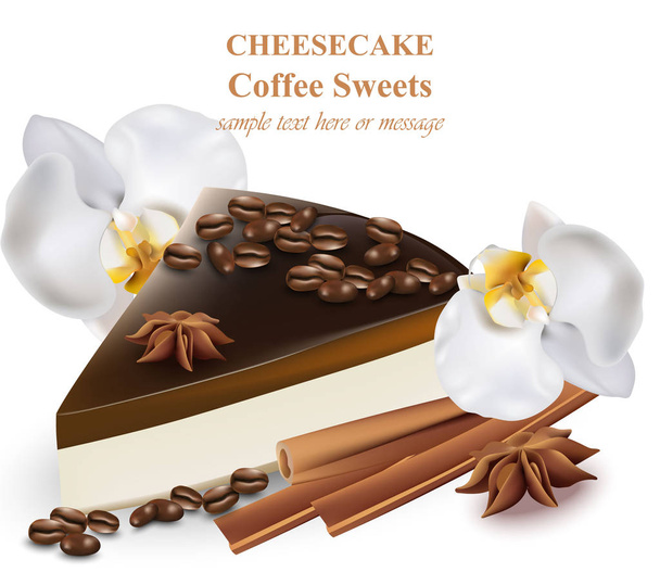 Rebanada de sabor de café cheesecake. Decoración de granos de café y flores de orquídea Vector realista
 - Vector, Imagen