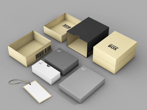3D rendering των Golden μαύρο κουτί με ετικέτα κοροϊδεύω, σχεδιασμός πακέτο λογισμικού - Φωτογραφία, εικόνα