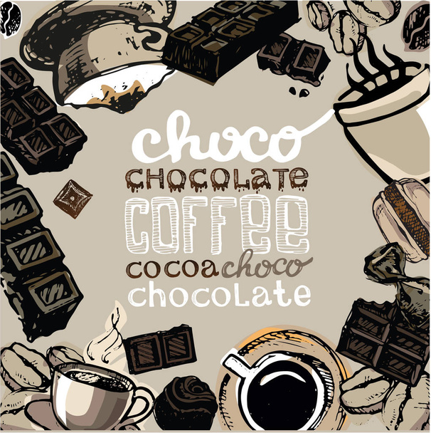 Cocoa, chocolate, coffee. Hand drawn doodle illustration - Vektori, kuva