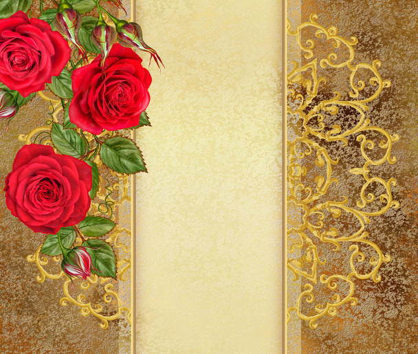 Gouden getextureerde krullen. Oosterse stijl arabesken. Briljante lace, gestileerde bloemen. Opengewerkte weven van fijne, gouden achtergrond. Bloemstuk, garland rode rozen, groene bladeren. Groet, uitnodigingskaart. - Foto, afbeelding