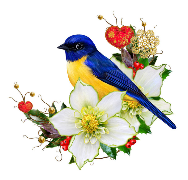 bright bird tit, flower hellebore, weaving from twigs, gold ornaments, Christmas composition, decorated with shiny decorations, golden snowflakes, stylish bright toys in the shape of the heart - Photo, Image