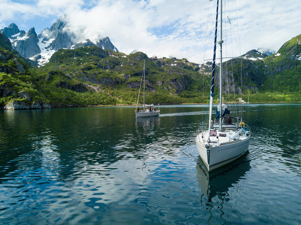 Yachting in Troll fjord. Aerial view - Foto, Bild