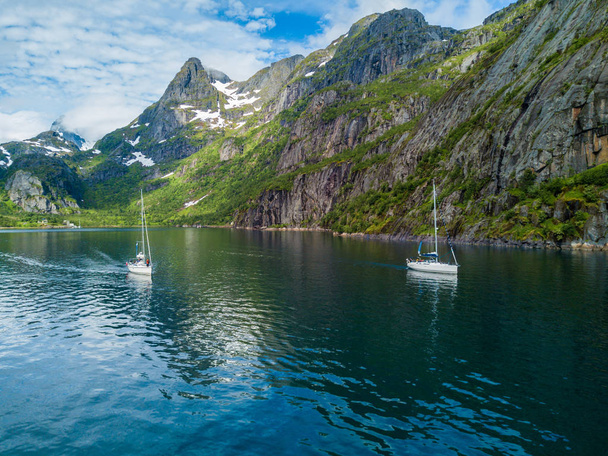 Yachting in Troll fjord. Aerial view - Valokuva, kuva