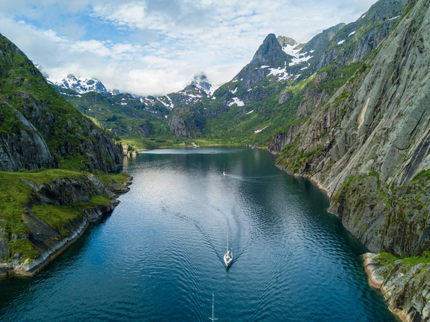 Yachting in Troll fjord. Aerial view - Φωτογραφία, εικόνα