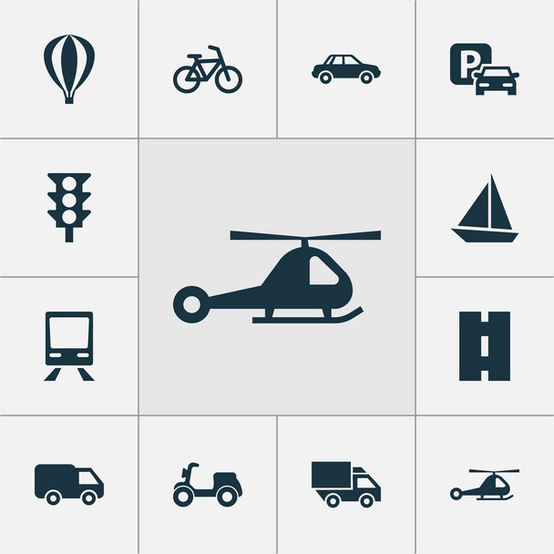 Szállítólevél ikonok beállítása. Léghajó, autó, kerékpár- és más elemek gyűjteménye. Is tartalmaz szimbólumok, mint a parkolás, csónak, közúti. - Vektor, kép