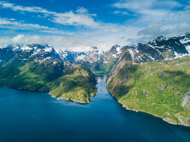 Yachting in Troll fjord. Aerial view - Foto, afbeelding