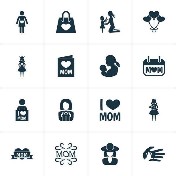 Mothers Day Icon Design Concept. Set di 16 elementi come amo mamma, amore e regina. Bei simboli per il design, copricapo e bambino
. - Vettoriali, immagini
