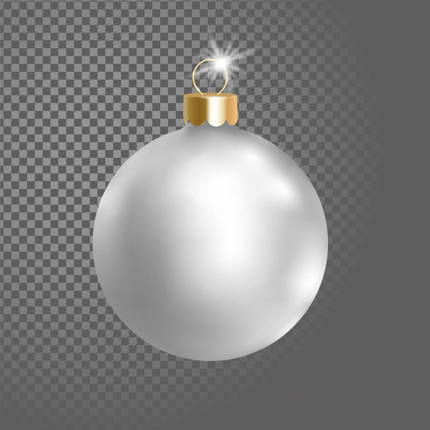 Matted white silver Christmas ball tree decoration. 3d realistic isolated on transparent background design element. New Year round metallic adornment golden hanging vector illustration. - Wektor, obraz