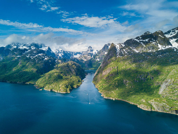 Yachting in Troll fjord. Aerial view - 写真・画像