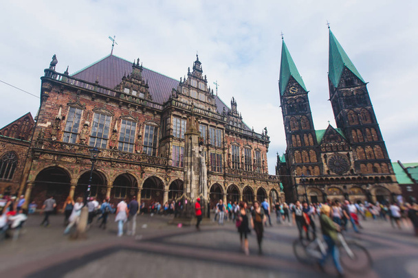 View of Bremen market square with Town Hall, Roland statue and crowd of people, historical center, Germany - Photo, image