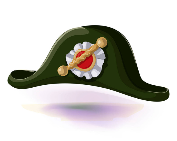 Black Napoleon Bonaparte hat with pattern in center. Black tricorn hat vector illustration .Masquerade or carnival costume headdress - Vector, Image