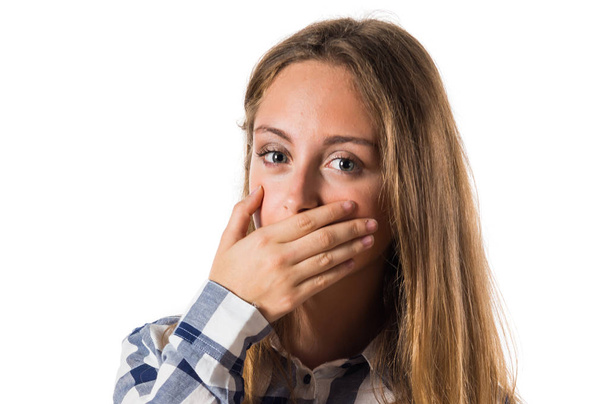 Blonde teen girl covering her mouth - Foto, Imagem