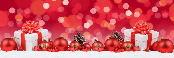 Christmas gifts presents balls banner decoration lights backgrou - Photo, Image