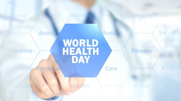 Día Mundial de la Salud, Doctor trabajando en la interfaz holográfica, Motion Graphics
 - Foto, Imagen