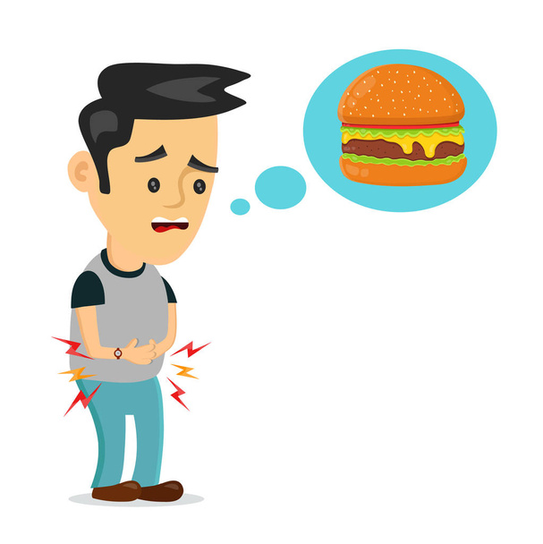 Young suffering man is hungry thinks about food - Vector, Image