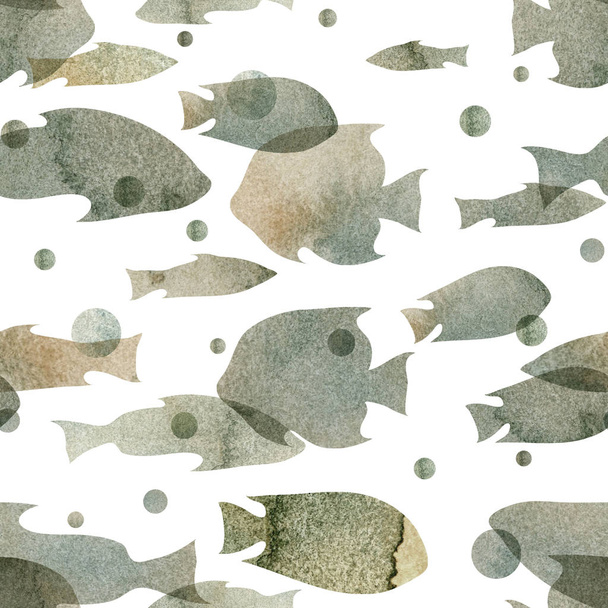 Watercolor illustration. Pattern of transparent silhouettes of fish of gray shades - Φωτογραφία, εικόνα