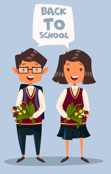 Pupils with bouquets of tulips - Vector, Image