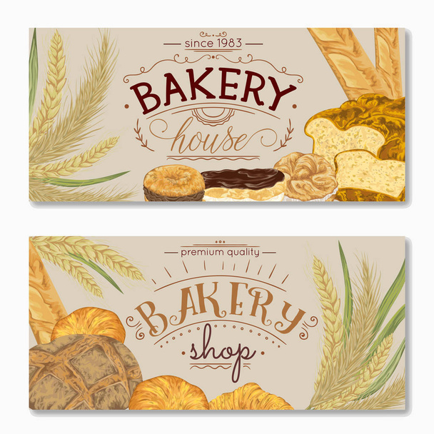 Bakery banners with bread, pastries and cereals. Isolated elements. Hand drawn vector illustration in watercolor style - Vector, Image