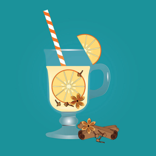Cocktail fruit light yellow in a glass of cinnamon vanilla orange isolated on a green background art creative modern vector - Vecteur, image