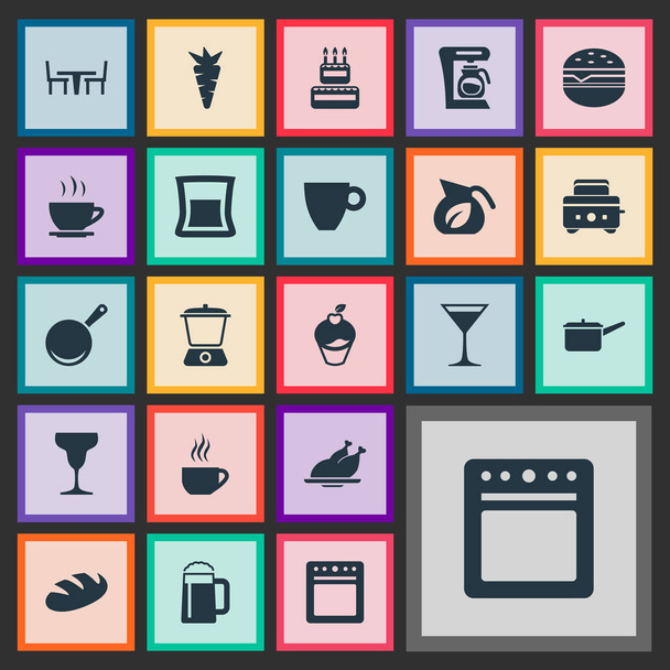 Vector illustratie Set van eenvoudige keuken iconen. Elementen wijnglas, gegrild gevogelte, tarwe en andere synoniemen Cup, steelpan en Snack. - Vector, afbeelding