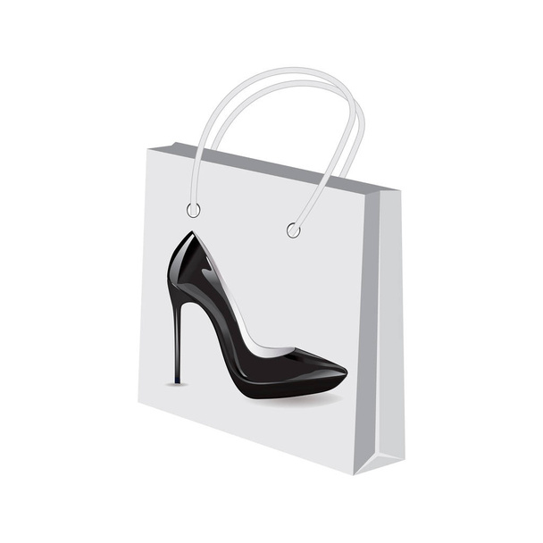Bag of paper for shopping decorated realistic black patent leather high heeled shoes isolated on white background art abstract creative modern vector - Vector, imagen