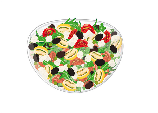 Σαλάτα ανάμεικτη με κίτρινες και κόκκινες ντομάτες, ελιές, ρόκα και che - Διάνυσμα, εικόνα