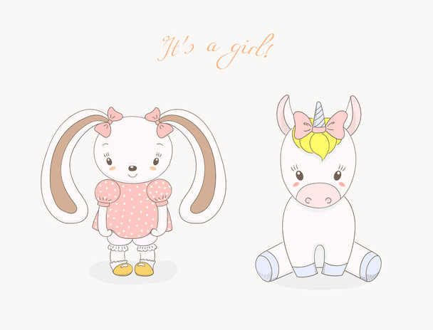 赤ちゃんウサギの女の子と赤ちゃんユニコーン女の子 - ベクター画像