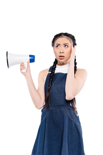 confuso asiático mulher com alto-falante
  - Foto, Imagem