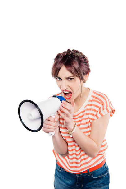 shouting young woman with loudspeaker - Zdjęcie, obraz