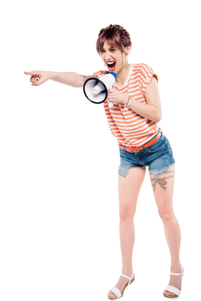 screaming young woman with loudspeaker - 写真・画像