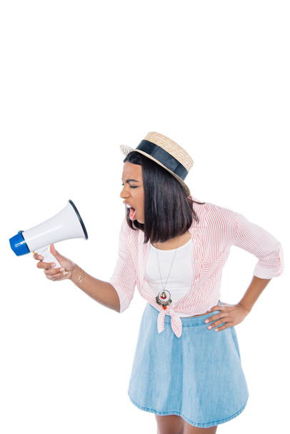 angry african american woman with loudspeaker - Zdjęcie, obraz