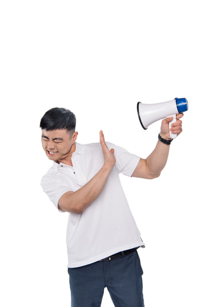 asian man with bullhorn in hand - Zdjęcie, obraz