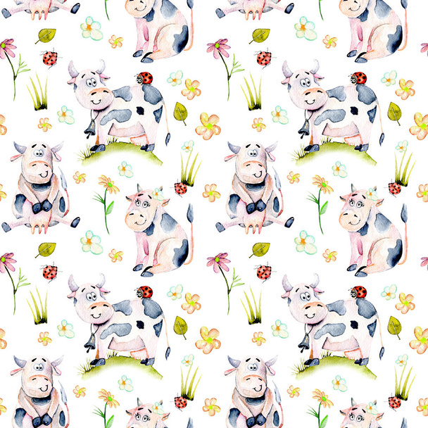 Seamless pattern with watercolor cute cartoon cows, ladybugs and simple flowers - Photo, Image