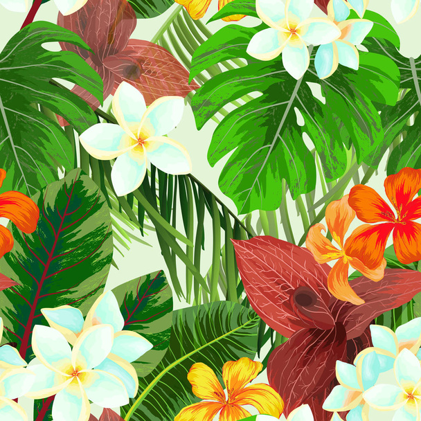 Seamless pattern with palm leaves and flowers - Vektor, obrázek