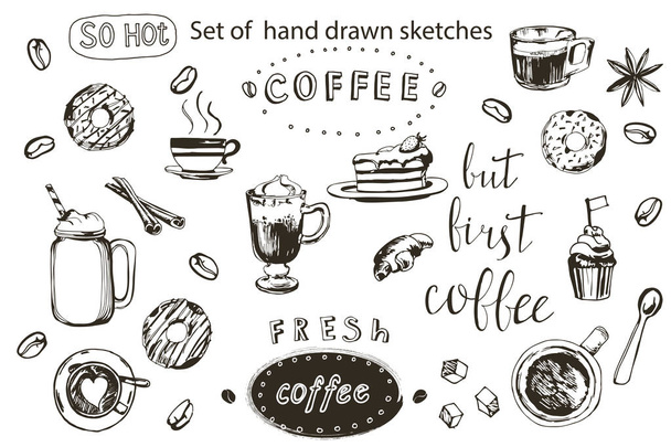 Koffie collectie, hand getrokken illustratie. Vectorillustratie. - Vector, afbeelding