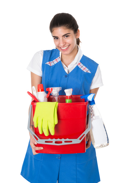 Female Janitor With Cleaning Equipments - Photo, image