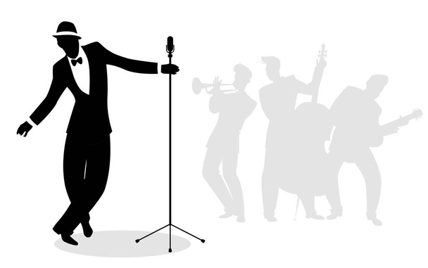 Silhouette "crooner" chanteuse rétro avec musiciens en arrière-plan
 - Vecteur, image