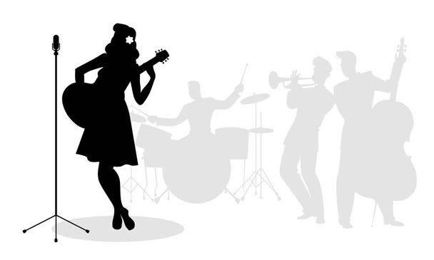 Chanteuse rétro femme guitariste silhouette avec des musiciens dans la ba
 - Vecteur, image
