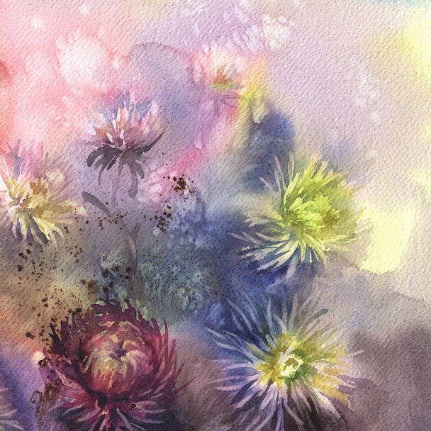 Bouquet of color asters on brown watercolor background - Fotó, kép